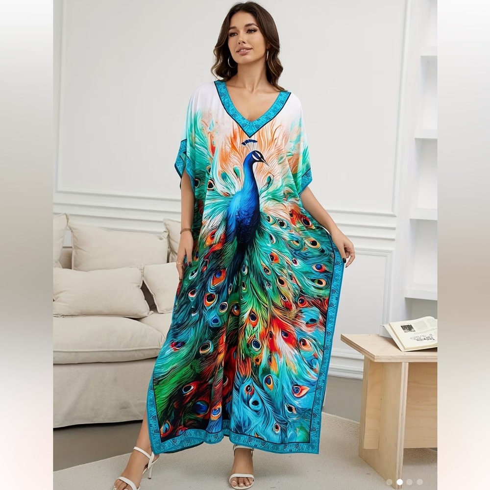 FREE SIZE Peacock Print SILKY Kaftan Dress